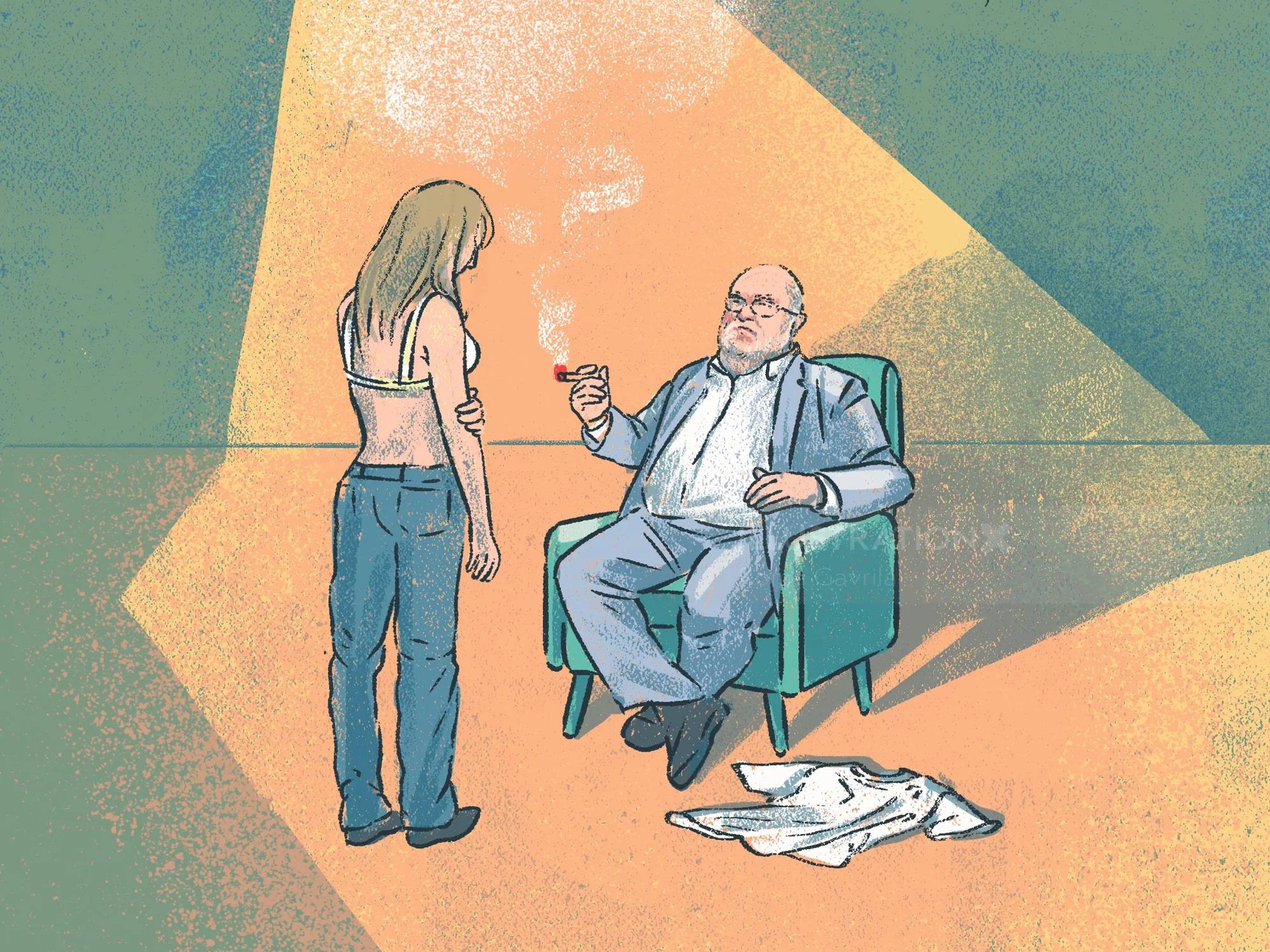 Man sitting in chair smoking, young woman standing nearby