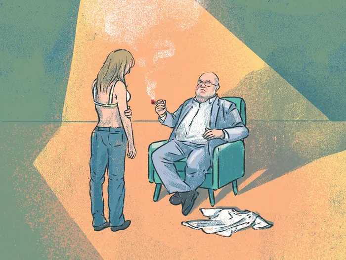Man sitting in chair smoking, young woman standing nearby