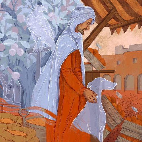 Man in medieval robes with a dog in a market setting with baskets and buildings.