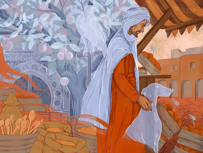 Man in medieval robes with a dog in a market setting with baskets and buildings.