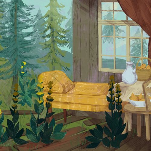 Cozy room with yellow couch and tall yellow flowers near window showing forest