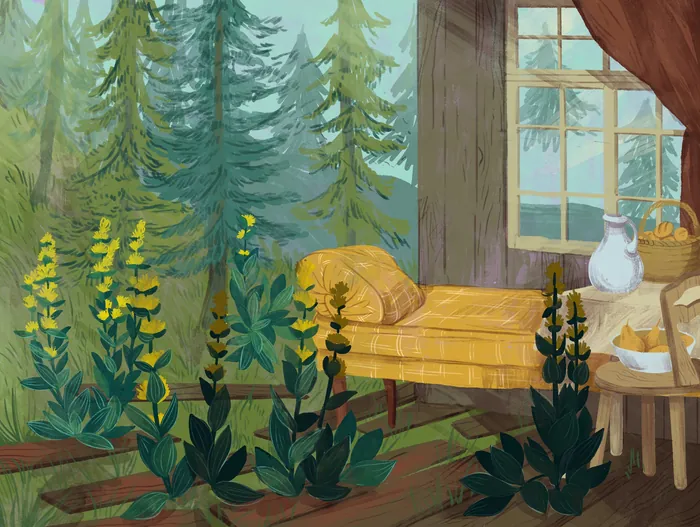 Cozy room with yellow couch and tall yellow flowers near window showing forest