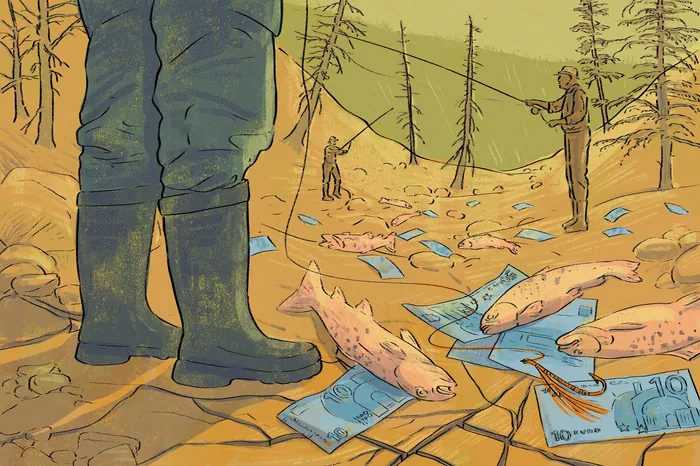 People fishing with money bills in a dry, cracked riverbed
