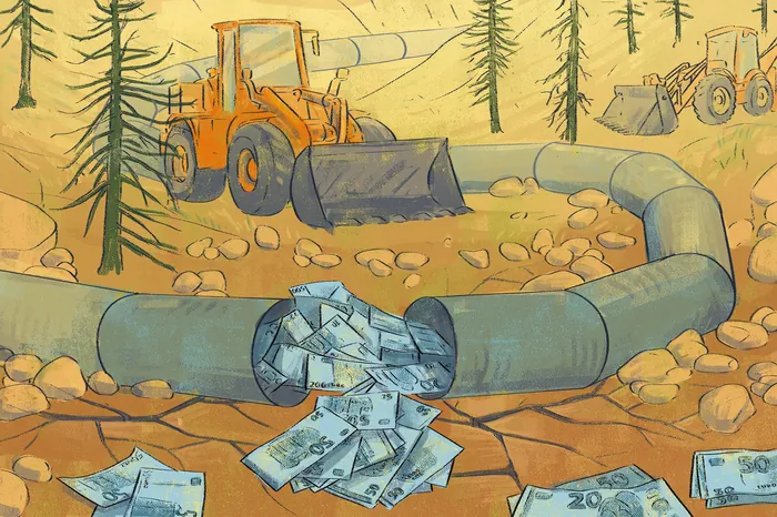 Excavator and bulldozer installing pipeline spilling money into river