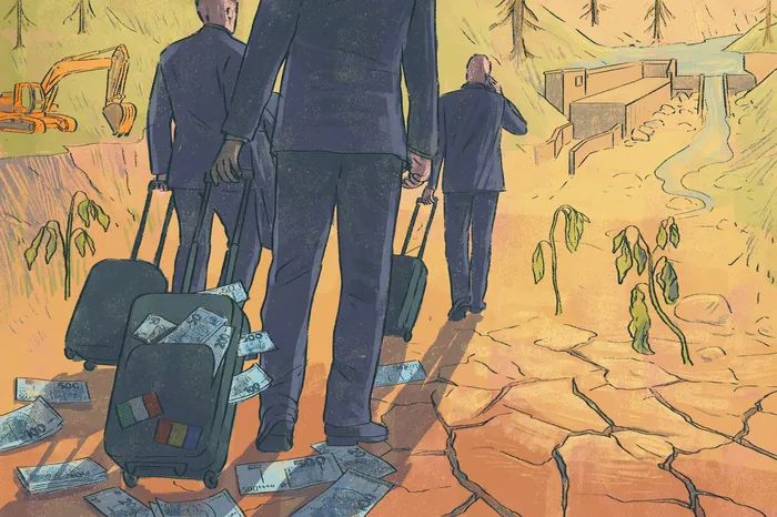 Businessmen walking on cracked dry land with money-filled briefcases