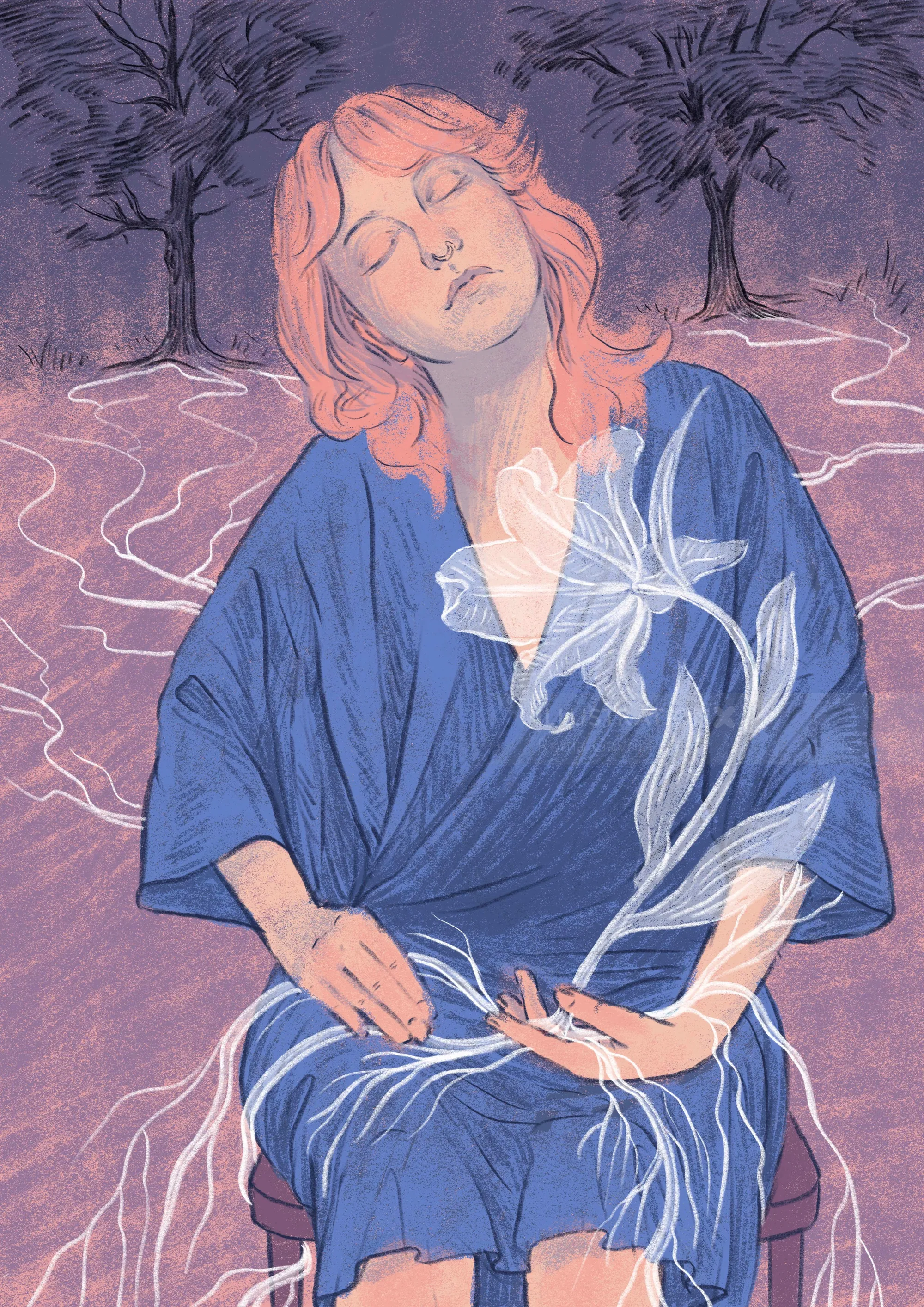 Person in blue robe with white ethereal flowers and closed eyes