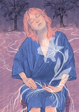 Person in blue robe with white ethereal flowers and closed eyes