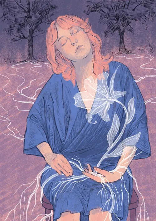 Person in blue robe with white ethereal flowers and closed eyes