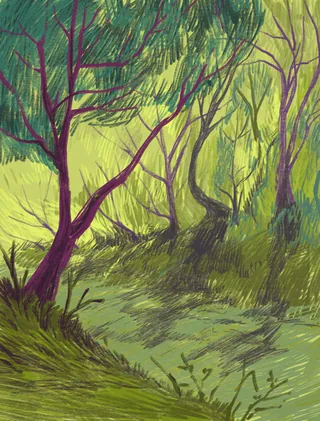 Abstract forest scene with green trees and dense foliage