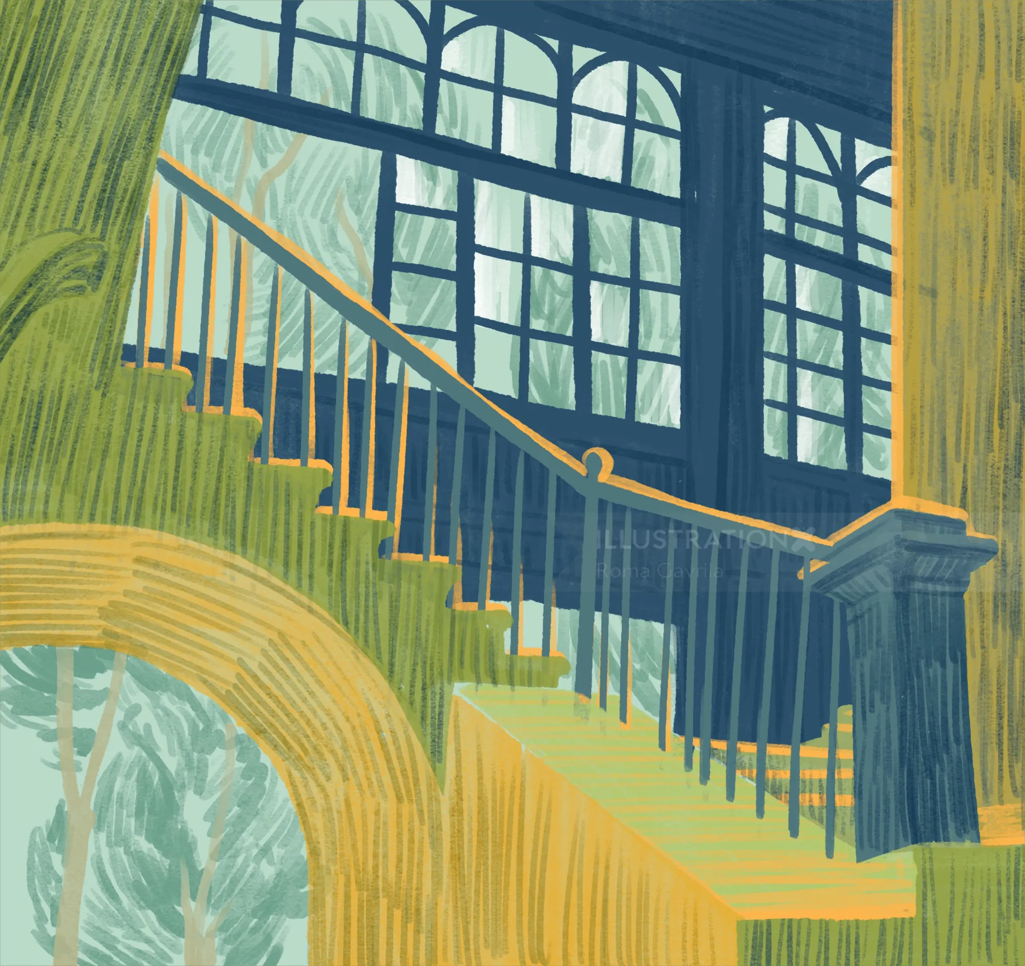 Colorful illustration of a staircase with windows showing trees outside