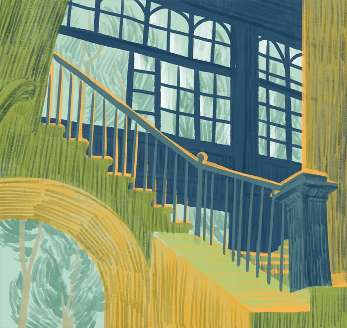 Colorful illustration of a staircase with windows showing trees outside