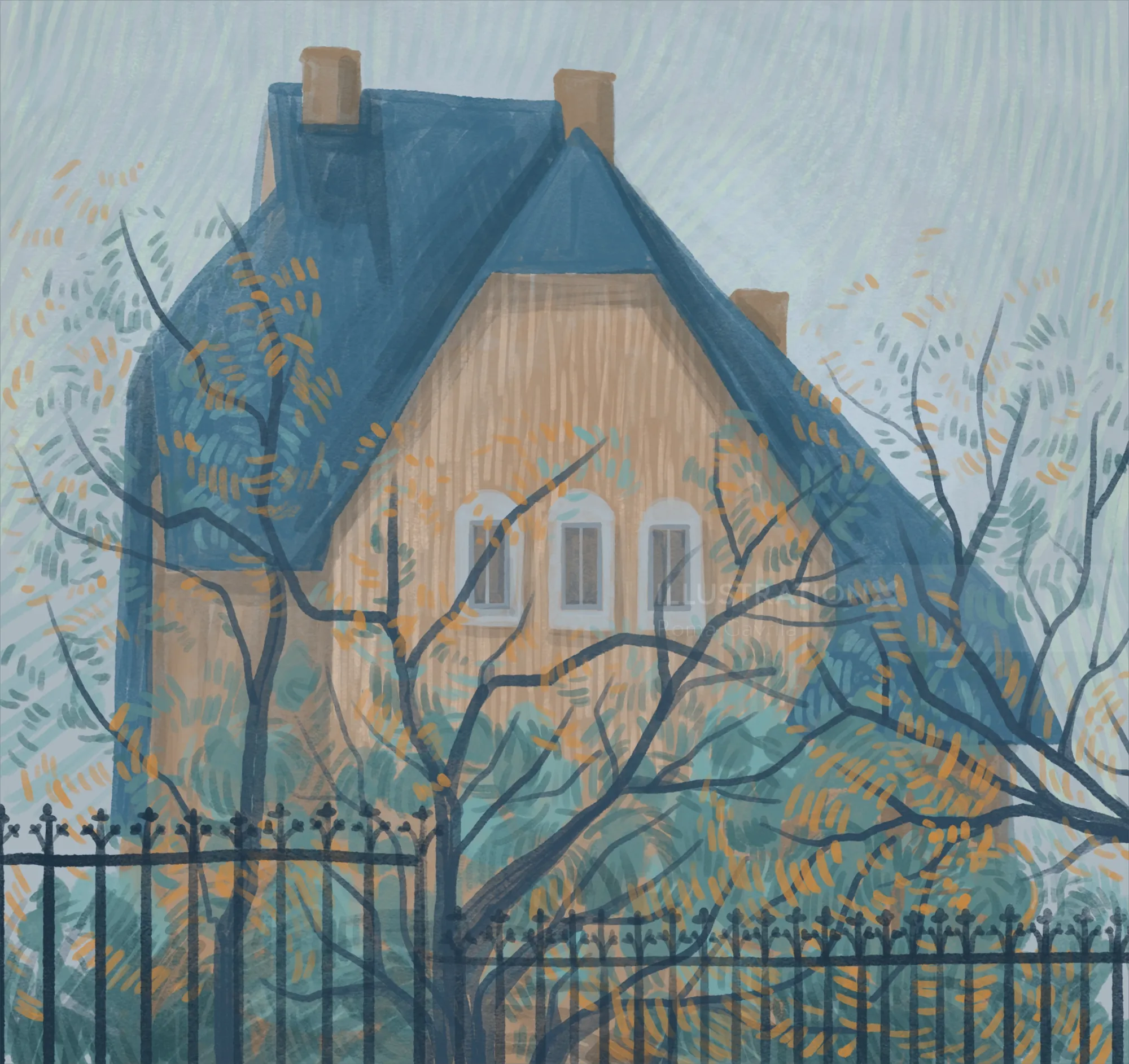 House with blue roof behind bare trees and a black iron fence