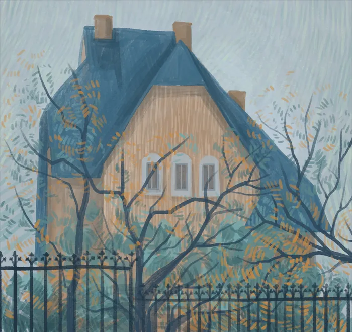House with blue roof behind bare trees and a black iron fence