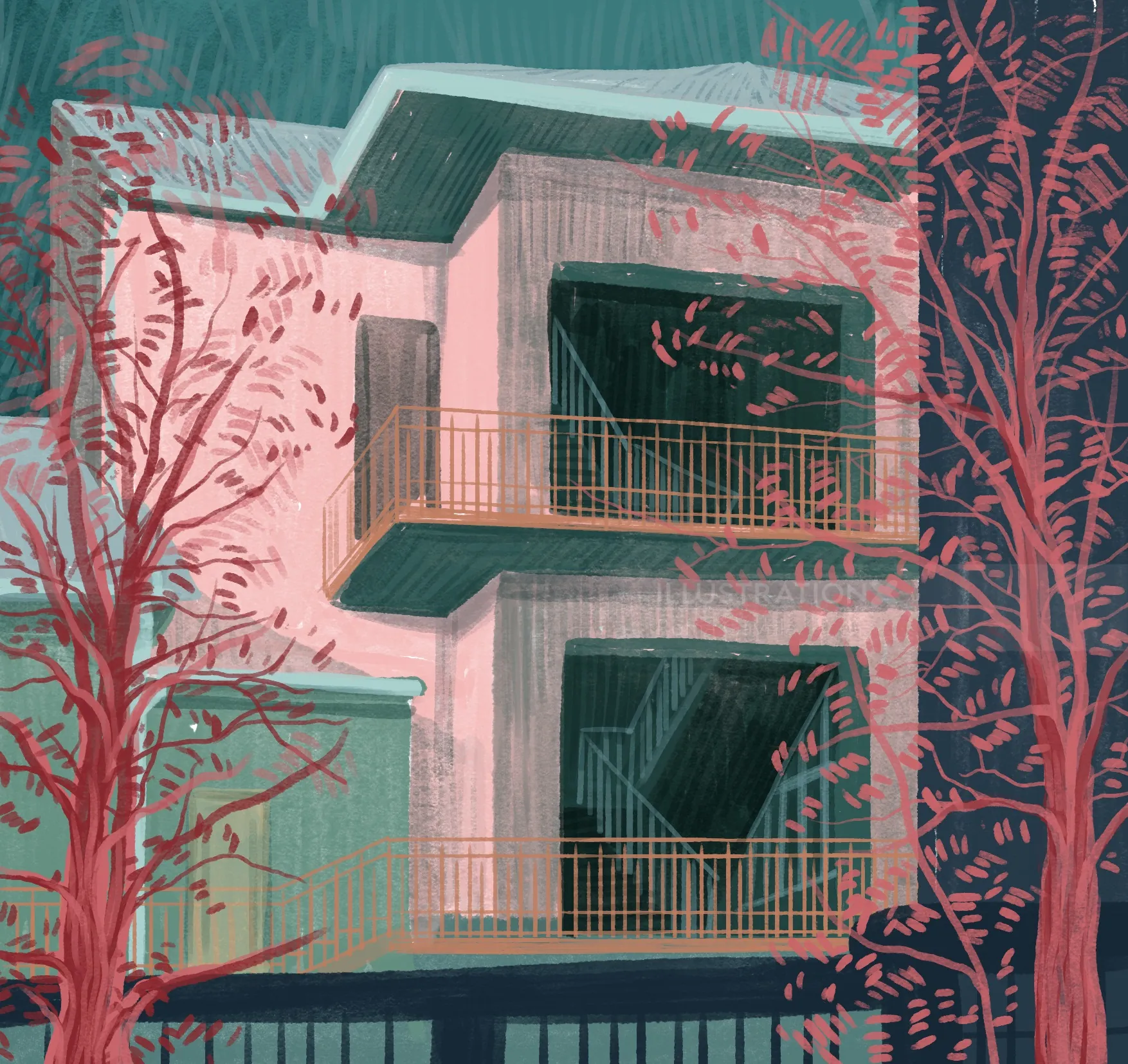 Modern building with balconies surrounded by bare red trees.