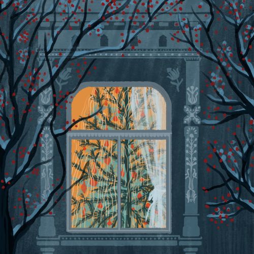 Window with floral curtains glowing warmly, dark tree branches with red berries outside.