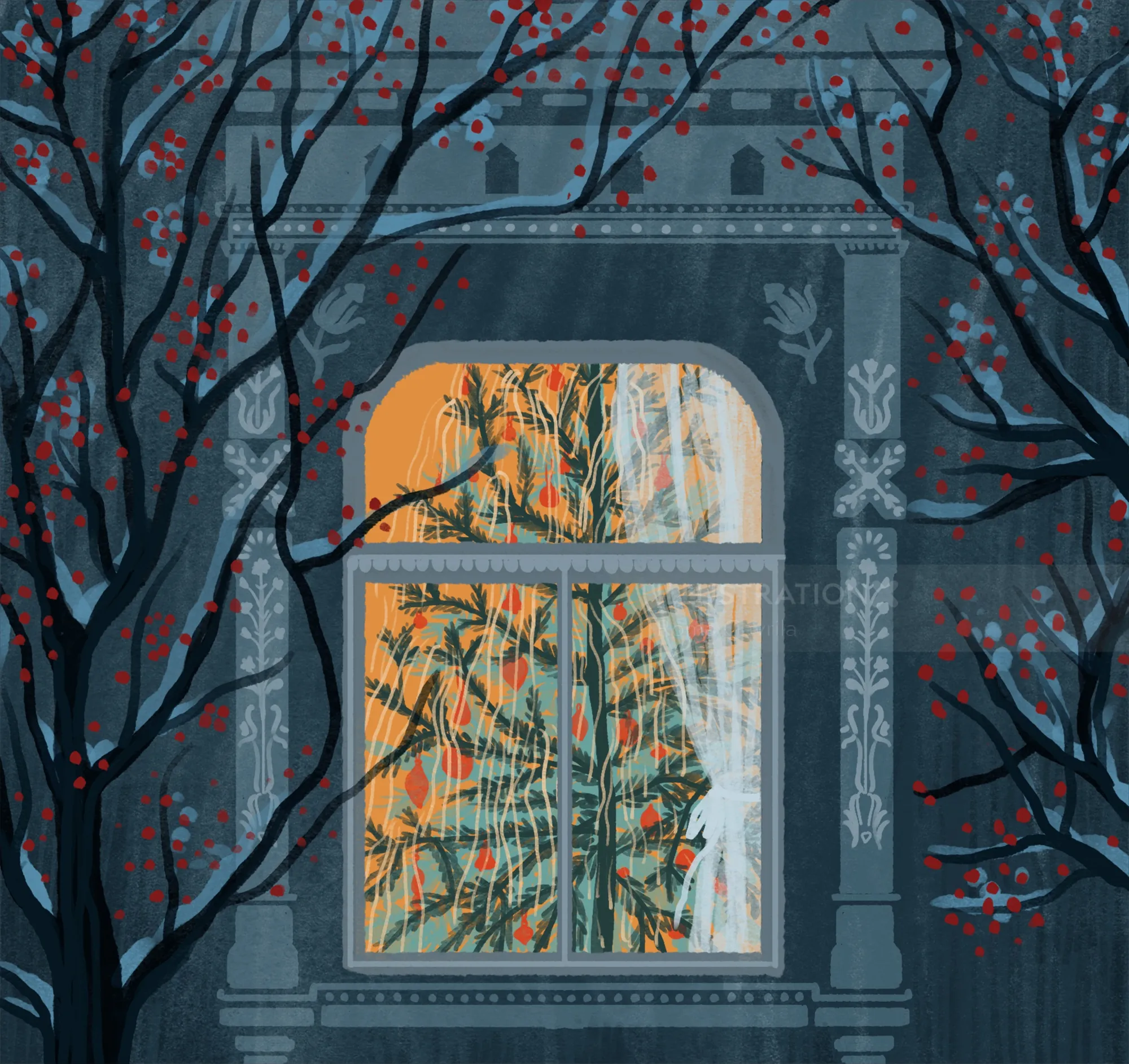 Window with floral curtains glowing warmly, dark tree branches with red berries outside.