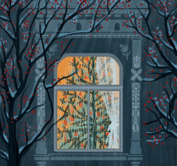 Window with floral curtains glowing warmly, dark tree branches with red berries outside.