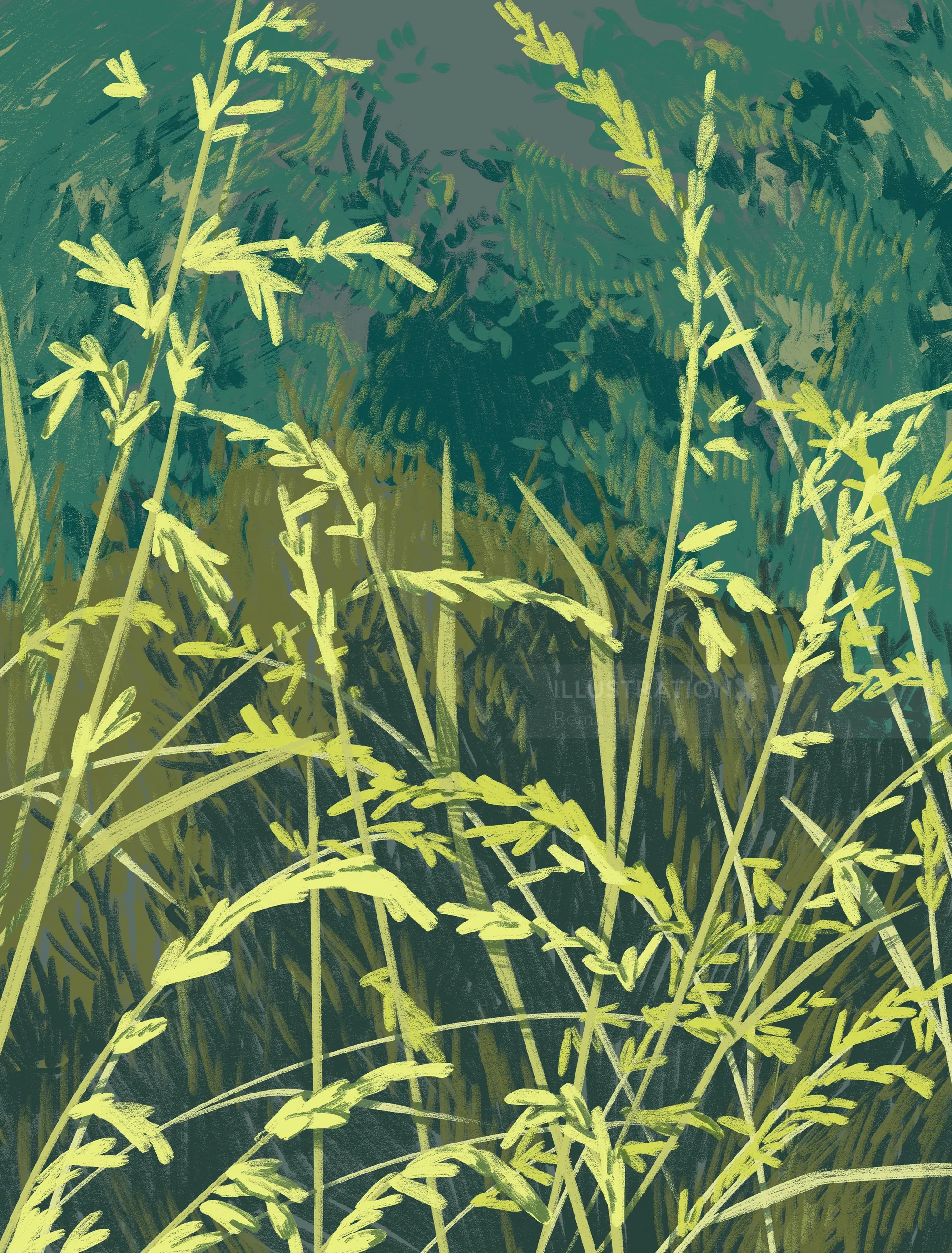 Green grass stalks with leaves and blurred foliage background