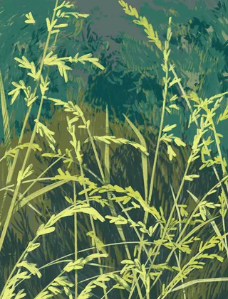 Green grass stalks with leaves and blurred foliage background