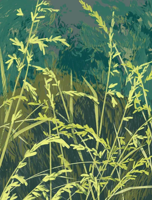 Green grass stalks with leaves and blurred foliage background