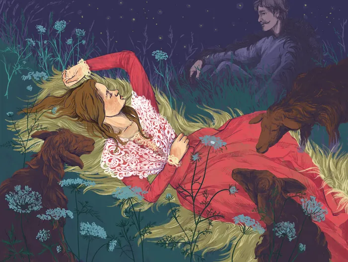 Woman lying on grass with eyes closed, surrounded by dark wolves at night.