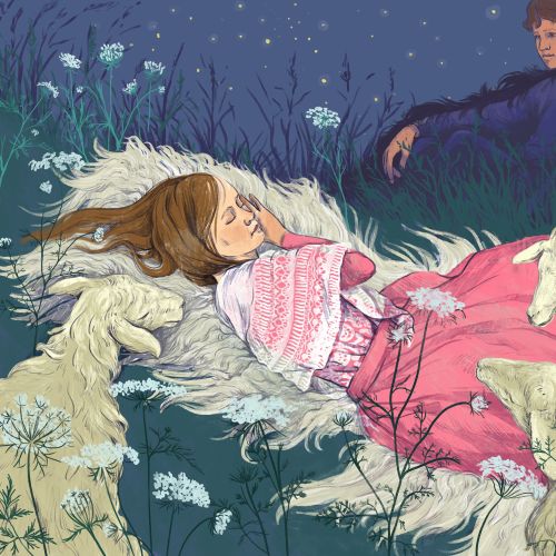 Girl sleeping on fur with goats around and boy watching under starry sky