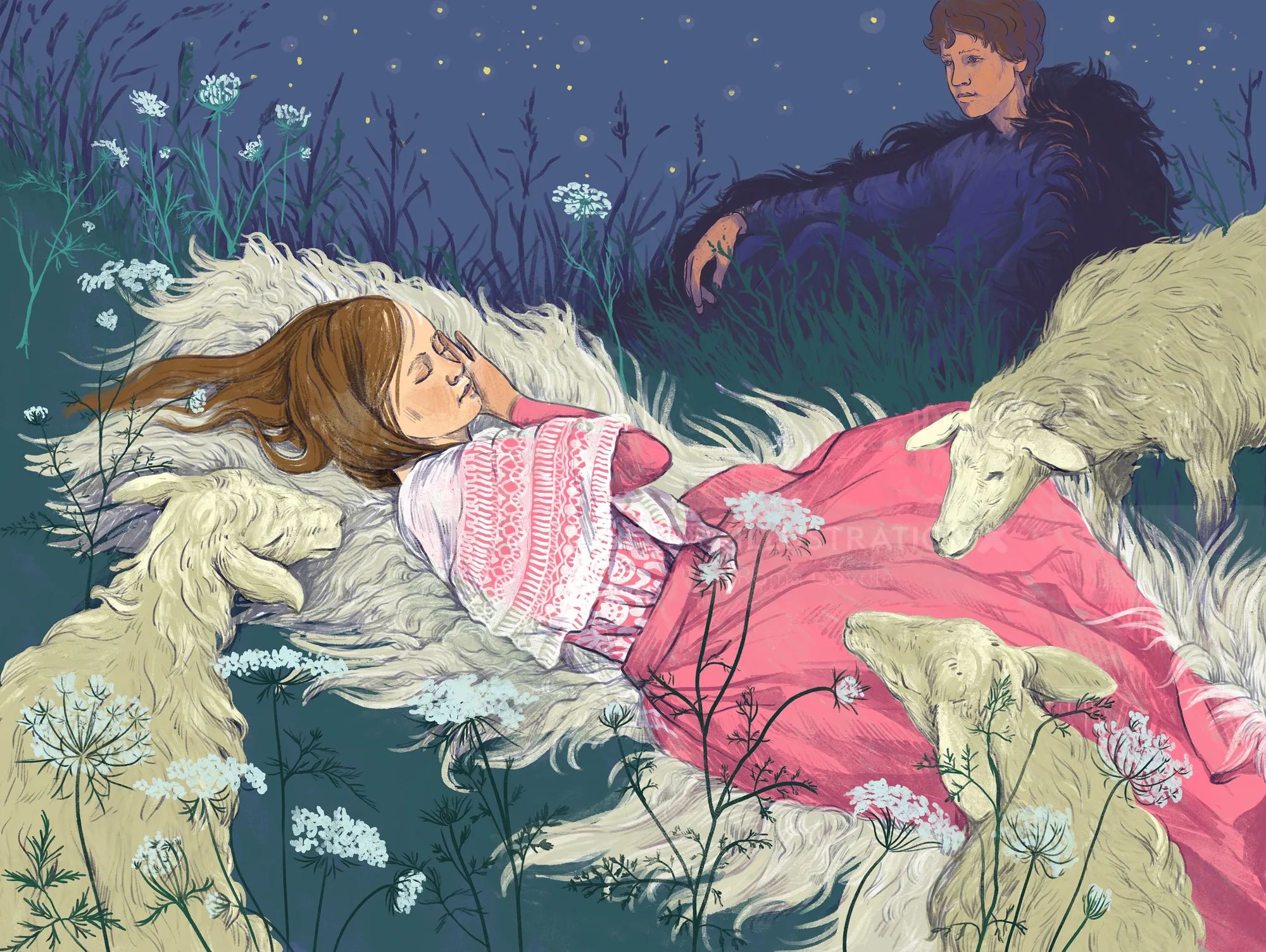 Girl sleeping on fur with goats around and boy watching under starry sky