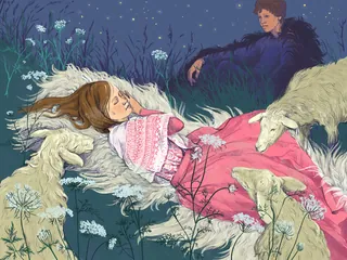 Girl sleeping on fur with goats around and boy watching under starry sky