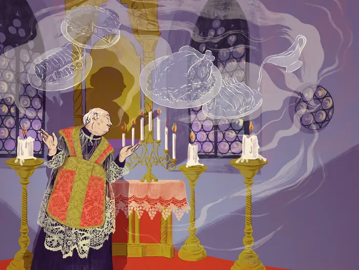 Priest in chapel with floating religious icons and candles
