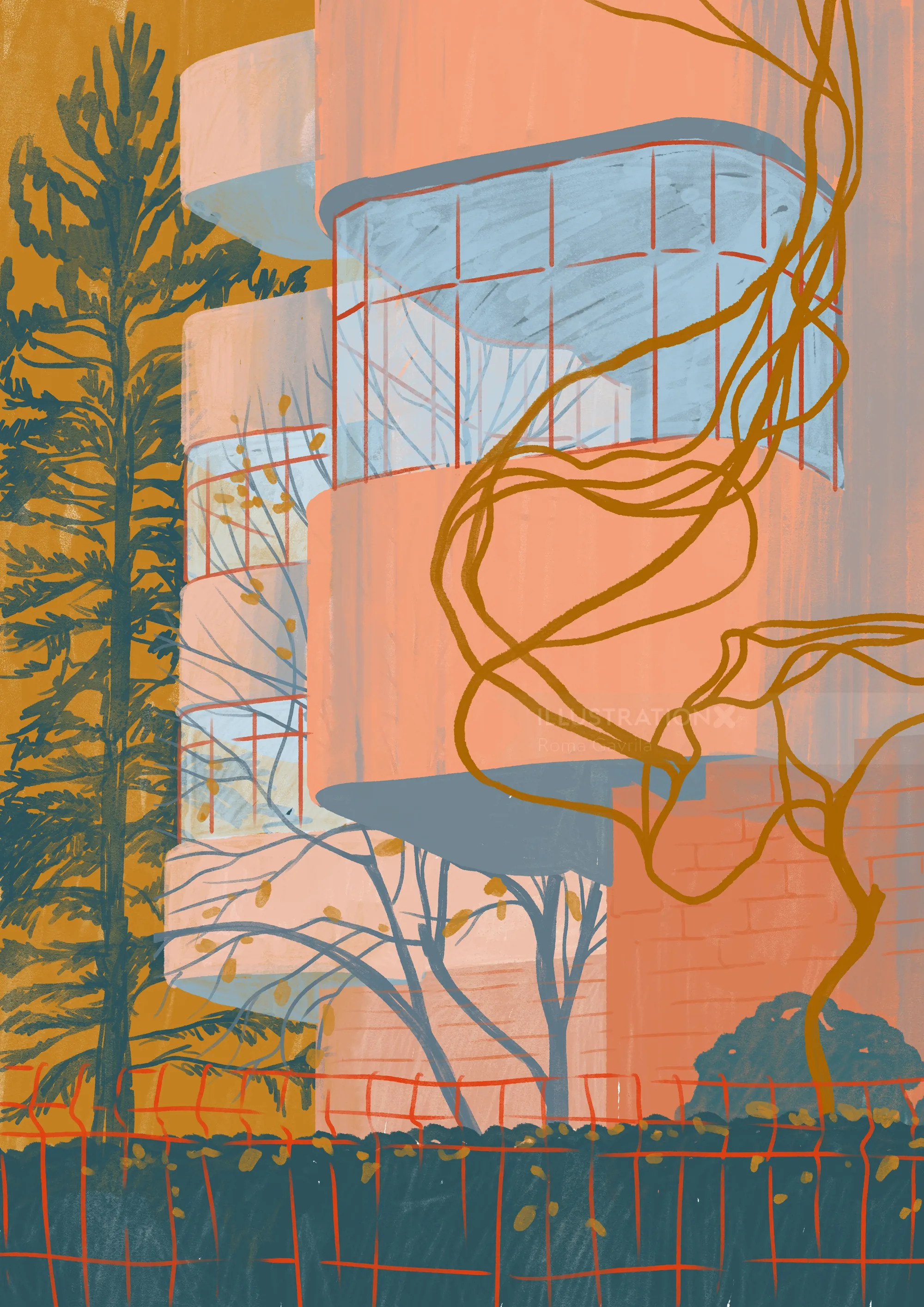 Modern building with curved balconies and climbing vines against a tree