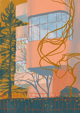 Modern building with curved balconies and climbing vines against a tree