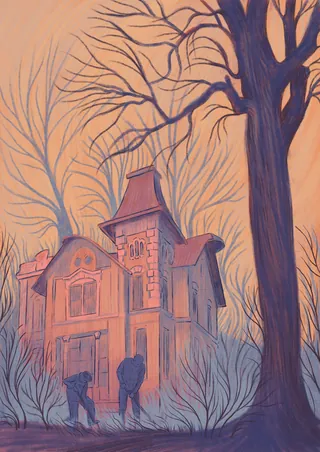 Old house at dusk with two figures and leafless trees
