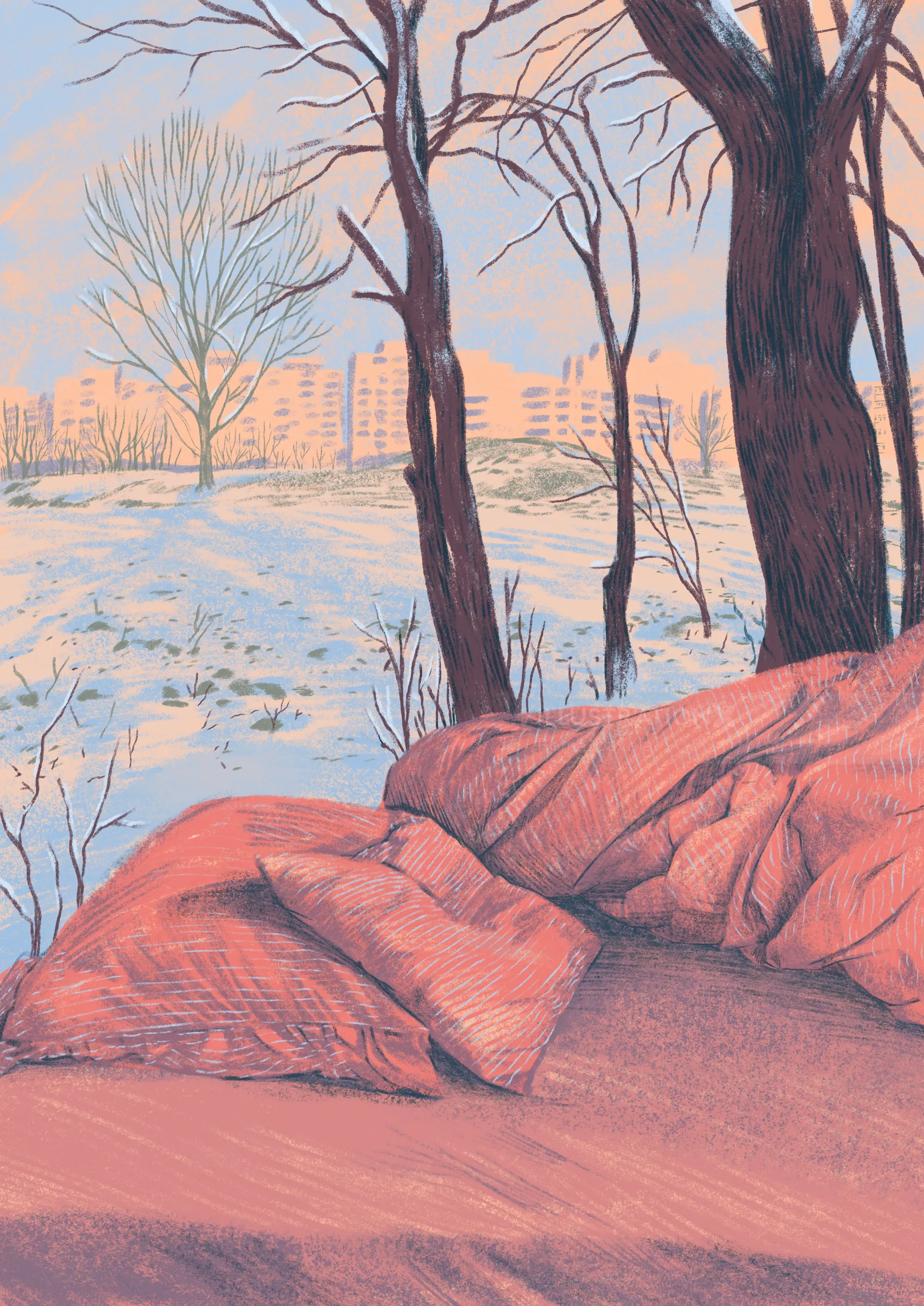 Winter scene with snow-covered ground and bare trees in city