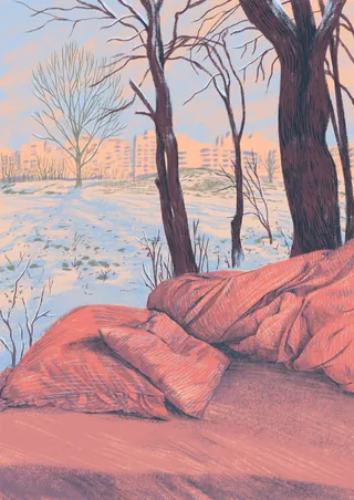 Winter scene with snow-covered ground and bare trees in city