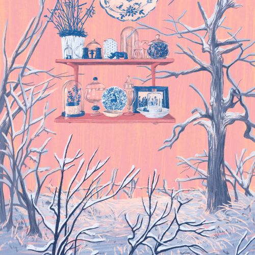 Bare trees in snow with two shelves of objects beneath a full moon on pink sky