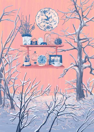 Bare trees in snow with two shelves of objects beneath a full moon on pink sky