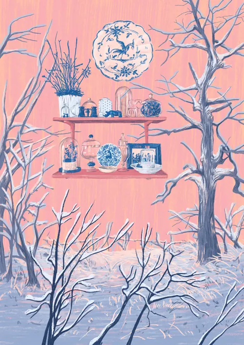 Bare trees in snow with two shelves of objects beneath a full moon on pink sky