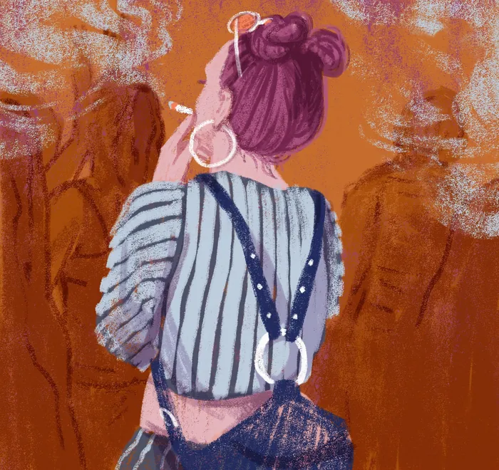 Woman smoking cigarette with striped shirt and smoky background