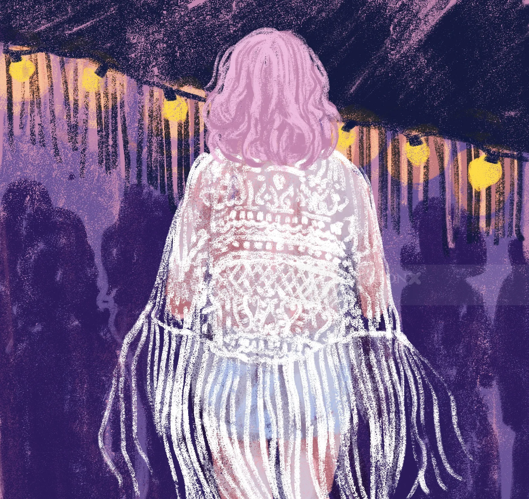 Person with pink hair in fringed outfit standing under yellow hanging lights