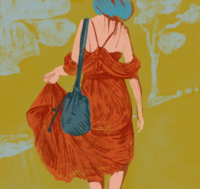 Woman wearing red dress walking with blue bag, back view