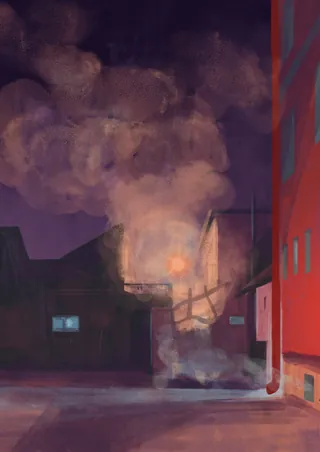 Urban street at night with smoke rising between buildings