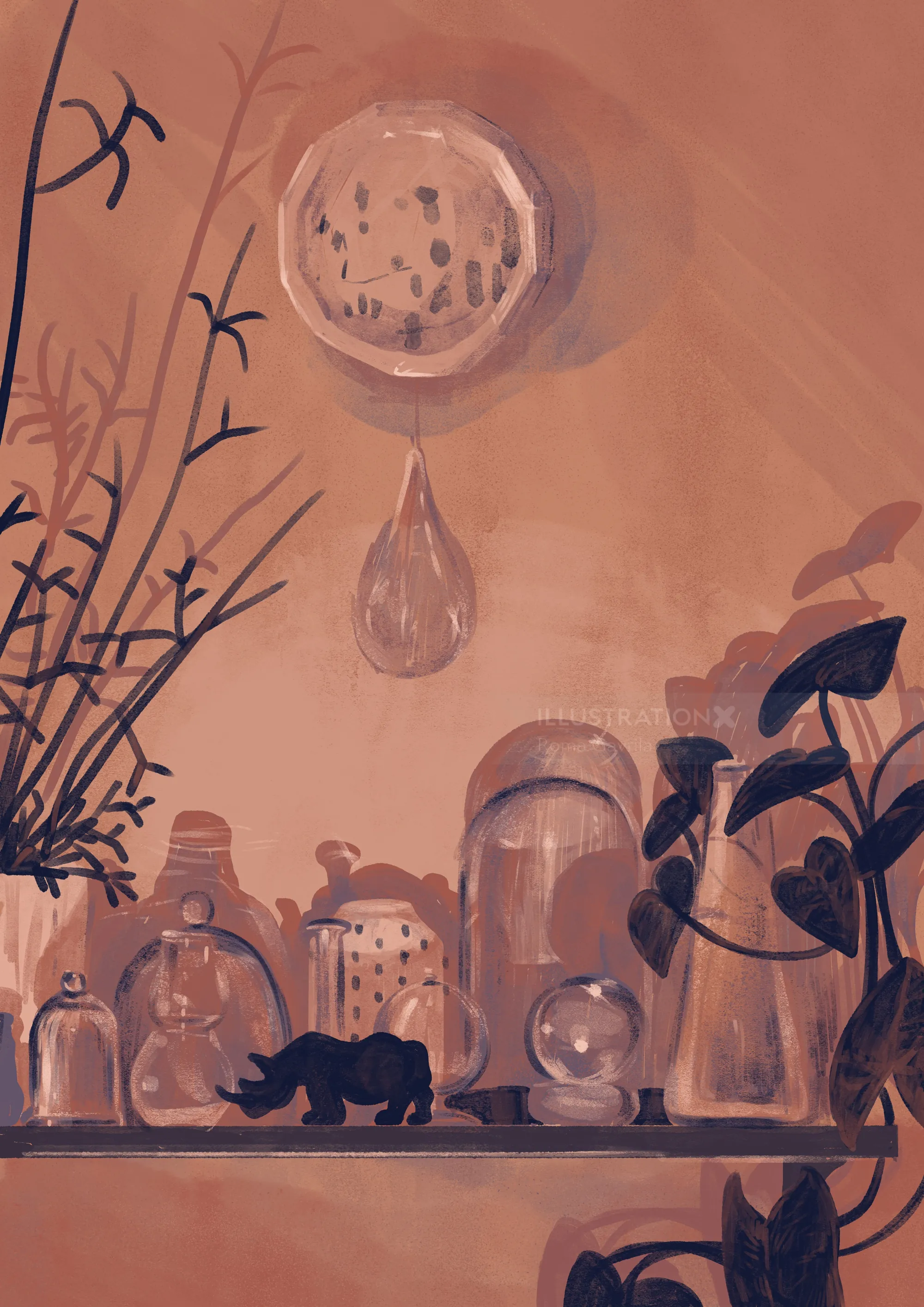 Glass bottles and plants with a large water droplet hanging above