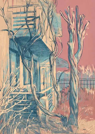 Abstract illustration of bare trees next to a building
