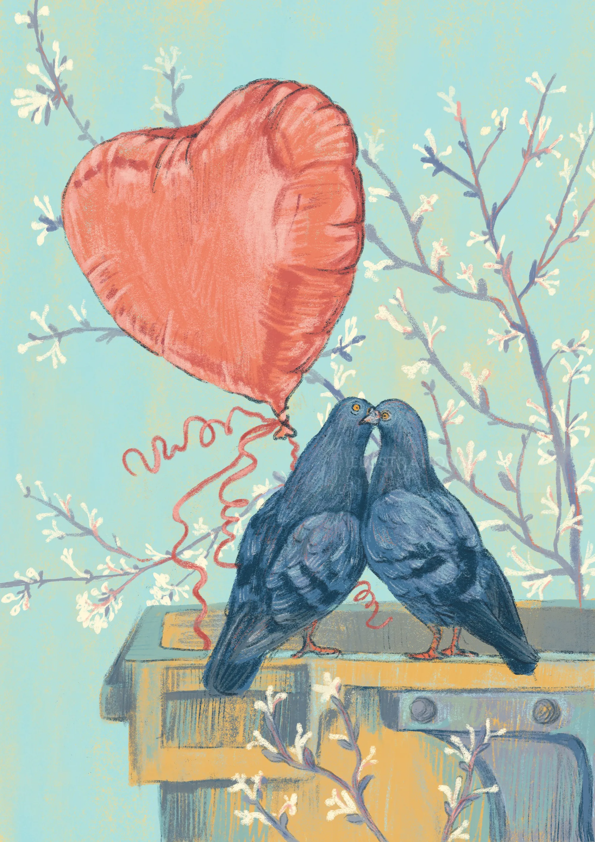 Two black birds kissing on a bench with a red heart balloon