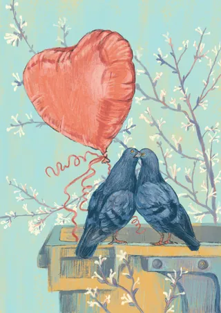 Two black birds kissing on a bench with a red heart balloon