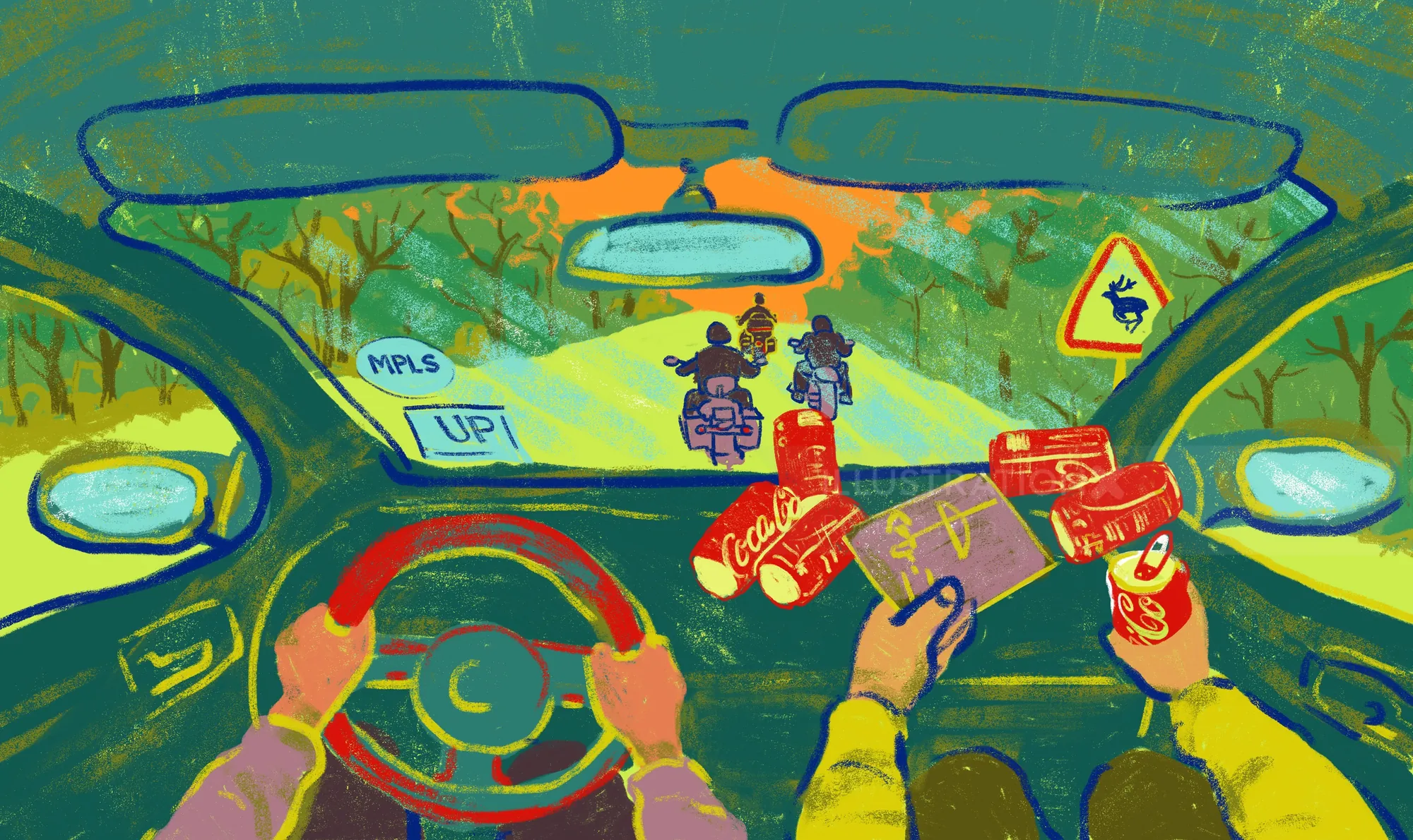 View from car interior showing two motorcyclists riding ahead on road