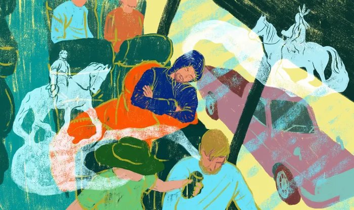Colorful abstract illustration of people, horses, and a vehicle
