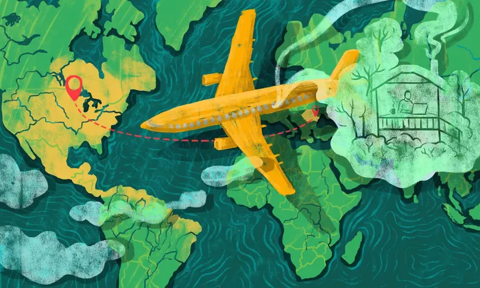 Orange airplane flying over world map with location markers and smoke clouds