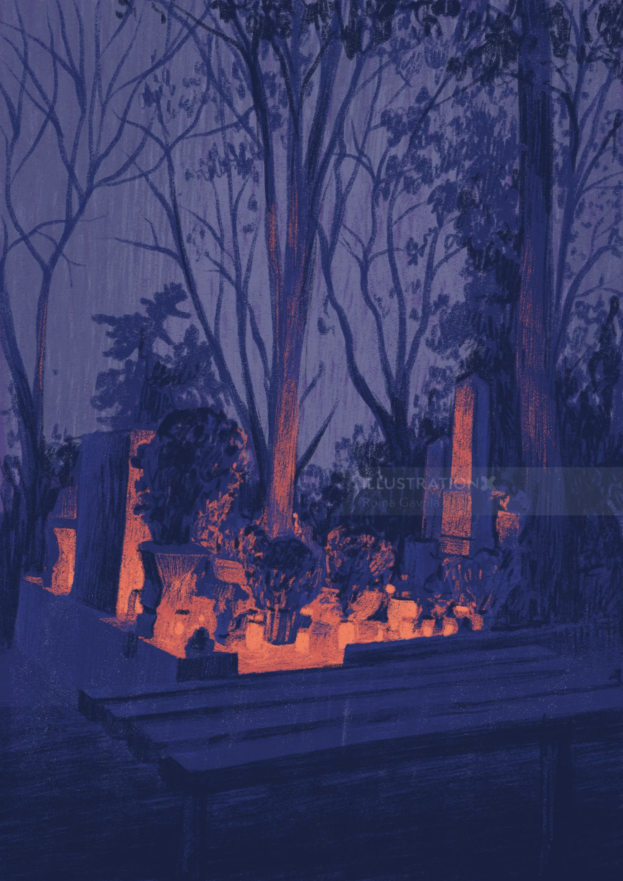 Nighttime graveyard with tombstones and warm glowing lanterns