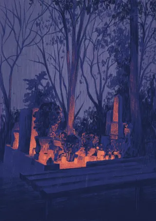 Nighttime graveyard with tombstones and warm glowing lanterns